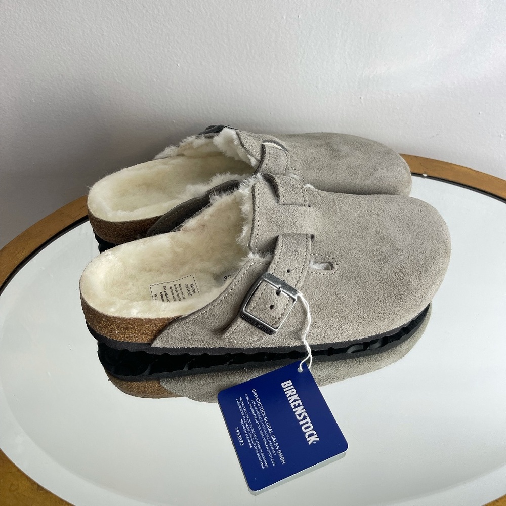 BIRKENSTOCK Boston Genuine Shearling Lined Clog in Stone Coin Suede Size 7-7.5US - Picture 6 of 16